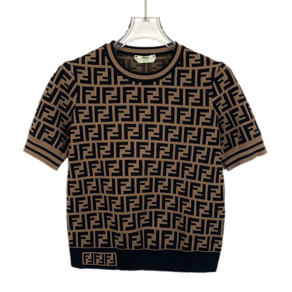 Fendi Womens FF Logo Short Sleeve Knit Top Brown & Black